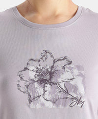 Micro Modal Fiber Elastane Stretch Relaxed Fit Graphic Print Round Neck Half Sleeve T-Shirt With Curved Hem Styling - Lavender Aura