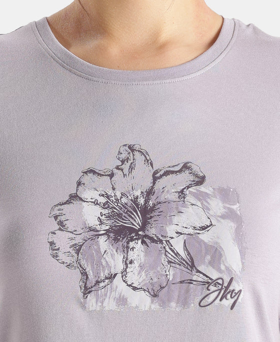 Micro Modal Fiber Elastane Stretch Relaxed Fit Graphic Print Round Neck Half Sleeve T-Shirt With Curved Hem Styling - Lavender Aura
