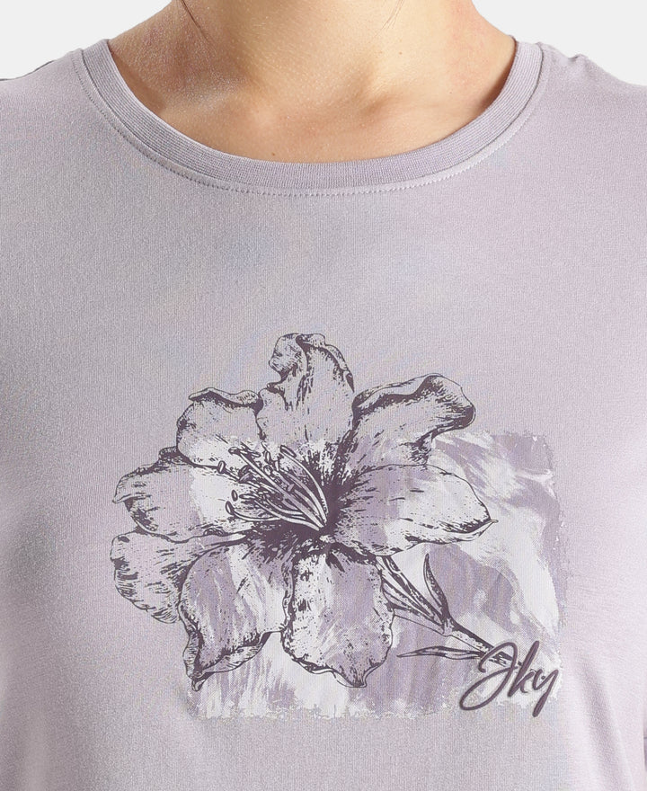 Micro Modal Fiber Elastane Stretch Relaxed Fit Graphic Print Round Neck Half Sleeve T-Shirt With Curved Hem Styling - Lavender Aura