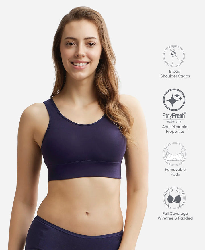 Wirefree Padded Tencel Lyocell Elastane Stretch Full Coverage Lounge Bra with Stay Fresh Properties and Removable Pads - Classic Navy