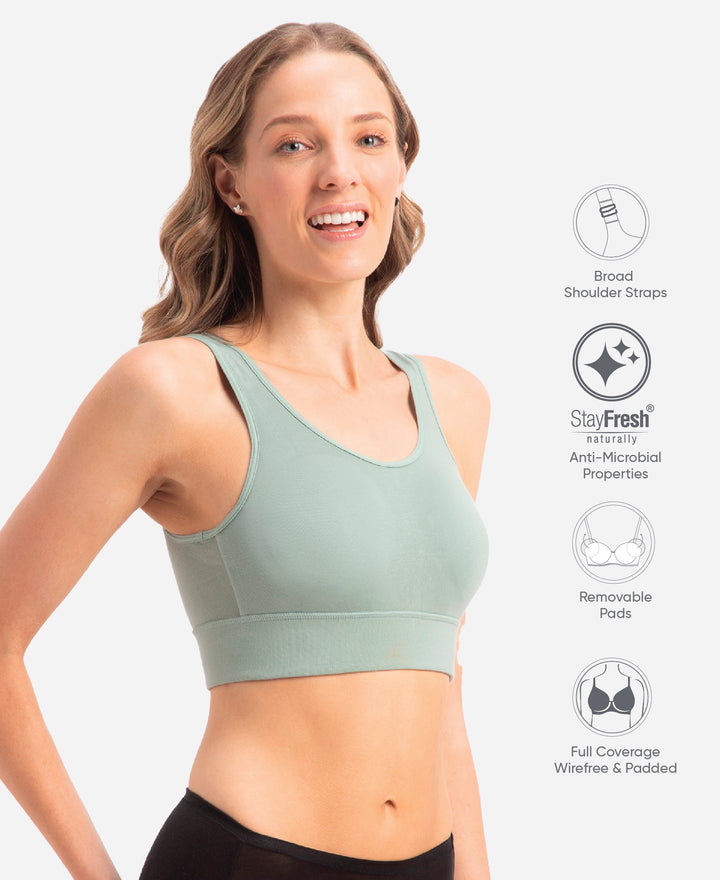 Wirefree Padded Tencel Lyocell Elastane Stretch Full Coverage Lounge Bra with Stay Fresh Properties and Removable Pads - Iceberg Green