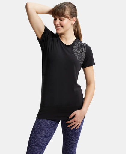 Tencel Lyocell Elastane Stretch Relaxed Fit Graphic Printed Half Sleeve T-Shirt - Black