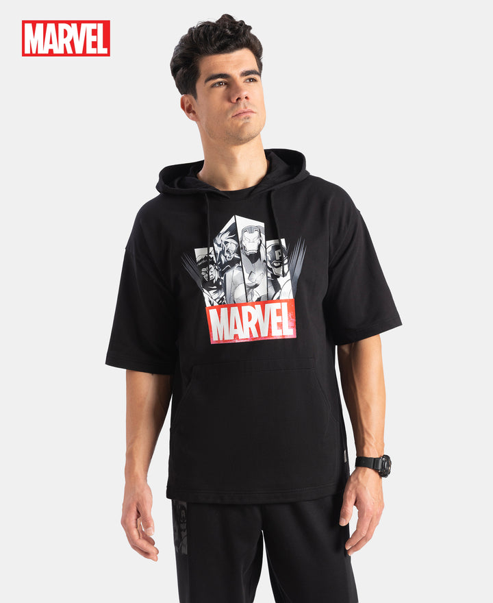 Marvel Avengers Super Combed Cotton French Terry Graphic Printed Hoodie T-Shirt - Black