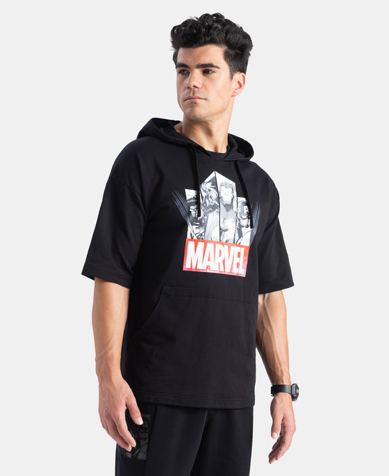 Marvel Avengers Super Combed Cotton French Terry Graphic Printed Hoodie T-Shirt - Black