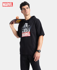 Marvel Avengers Super Combed Cotton French Terry Graphic Printed Hoodie T-Shirt - Black