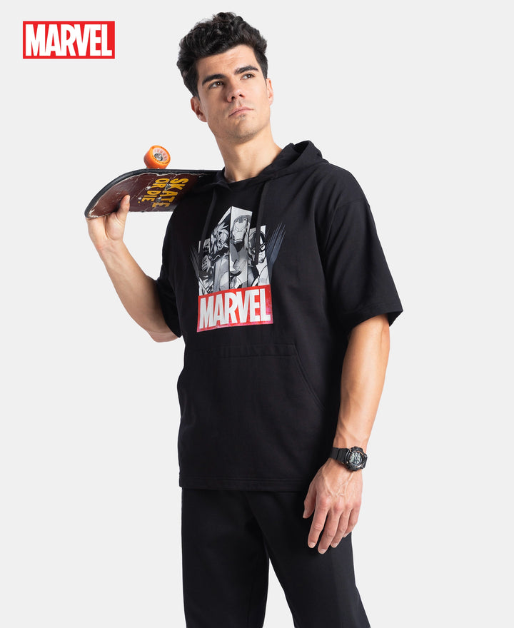 Marvel Avengers Super Combed Cotton French Terry Graphic Printed Hoodie T-Shirt - Black