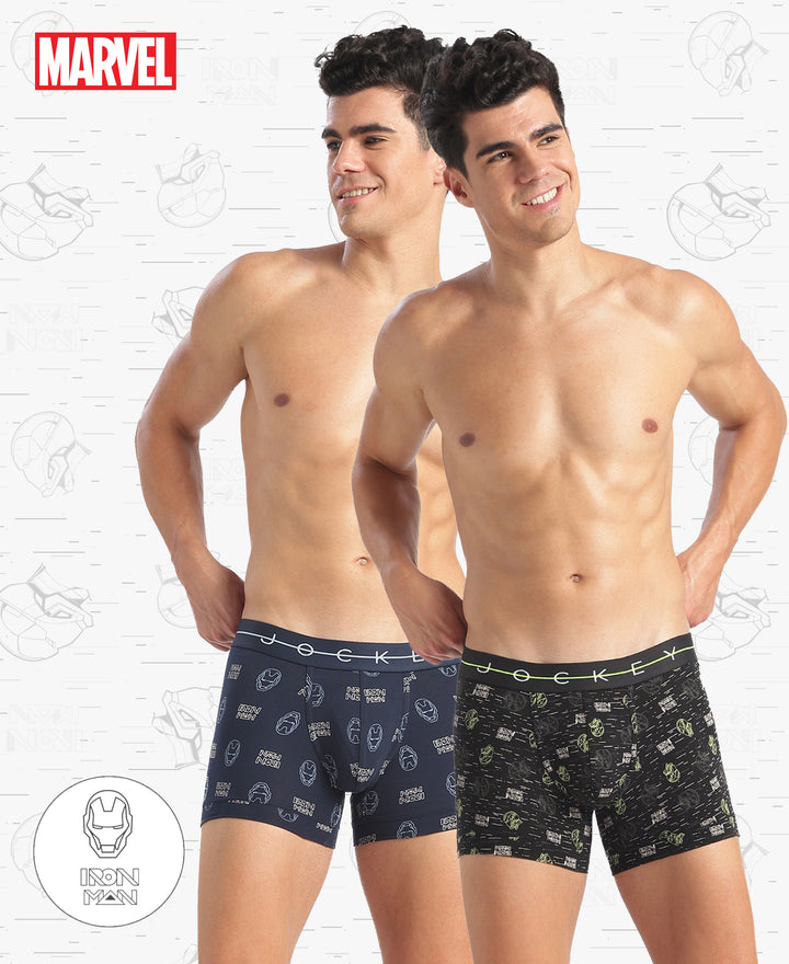Marvel Avengers Super Combed Cotton Elastane Stretch Printed Trunk with Ultrasoft Waistband - Black & Navy (Pack of 2)