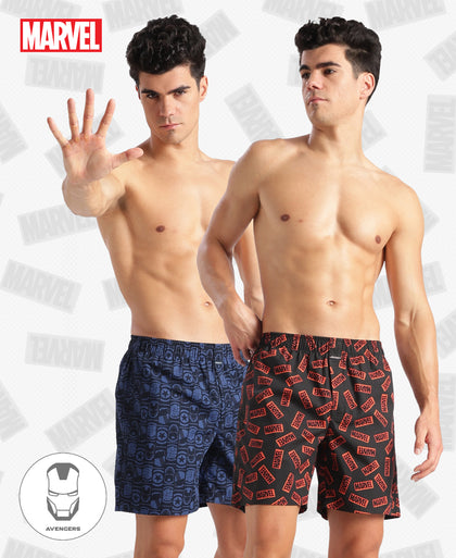 Marvel Avengers Super Combed Mercerized Cotton Woven Printed Boxer Shorts with Side Pockets- Navy & Black (Pack of 2)