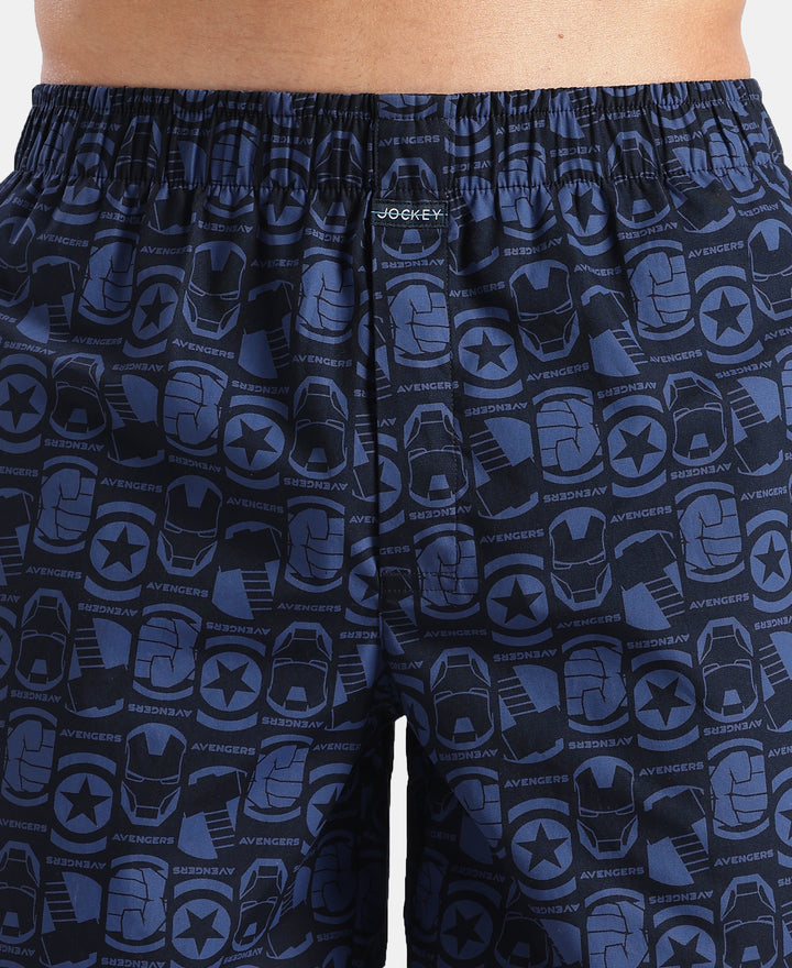 Marvel Avengers Super Combed Mercerized Cotton Woven Printed Boxer Shorts with Side Pockets- Navy & Black (Pack of 2)