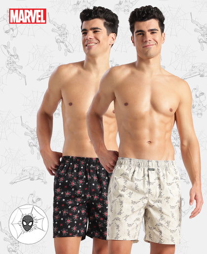 Marvel Avengers Super Combed Mercerized Cotton Woven Printed Boxer Shorts with Side Pockets- Black & Almond Milk (Pack of 2)