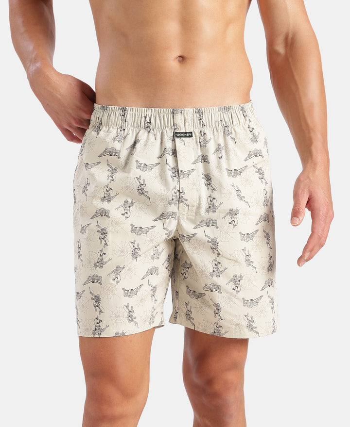 Marvel Avengers Super Combed Mercerized Cotton Woven Printed Boxer Shorts with Side Pockets- Black & Almond Milk (Pack of 2)