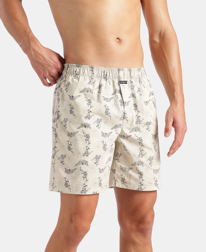 Marvel Avengers Super Combed Mercerized Cotton Woven Printed Boxer Shorts with Side Pockets- Black & Almond Milk (Pack of 2)