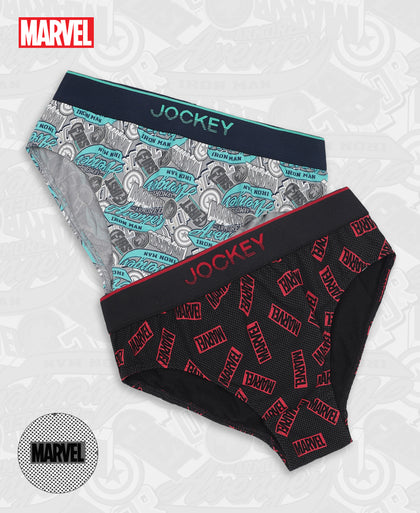 Marvel Avengers Super Combed Cotton Elastane Stretch Printed Brief with Ultrasoft Waistband - Monument & Black (Pack of 2)