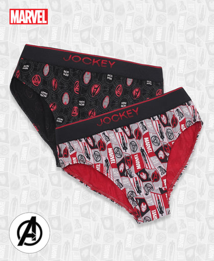 Marvel Avengers Ironman Super Combed Cotton Elastane Stretch Printed Brief with Ultrasoft Waistband - Black & Chilli Pepper (Pack of 2)