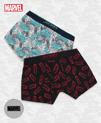 Marvel Avengers Super Combed Cotton Elastane Stretch Printed Trunk with Ultrasoft Waistband - Monument & Black (Pack of 2)