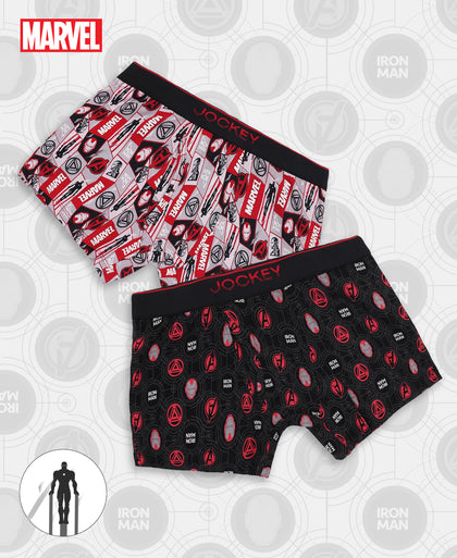 Marvel Avengers Ironman Super Combed Cotton Elastane Stretch Printed Trunk with Ultrasoft Waistband - Black & Chilli Pepper (Pack of 2)