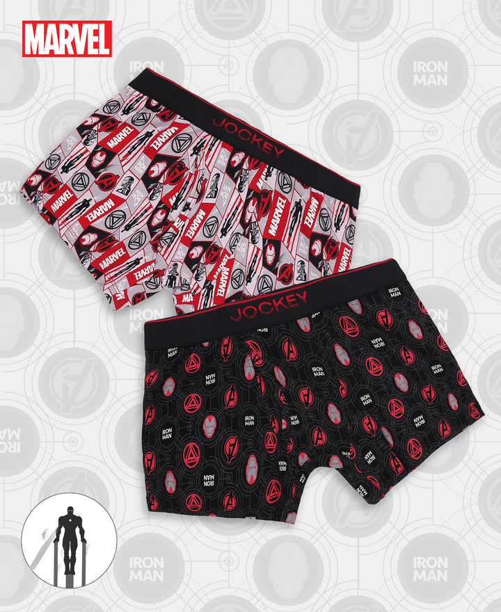 Marvel Avengers Ironman Super Combed Cotton Elastane Stretch Printed Trunk with Ultrasoft Waistband - Black & Chilli Pepper (Pack of 2)