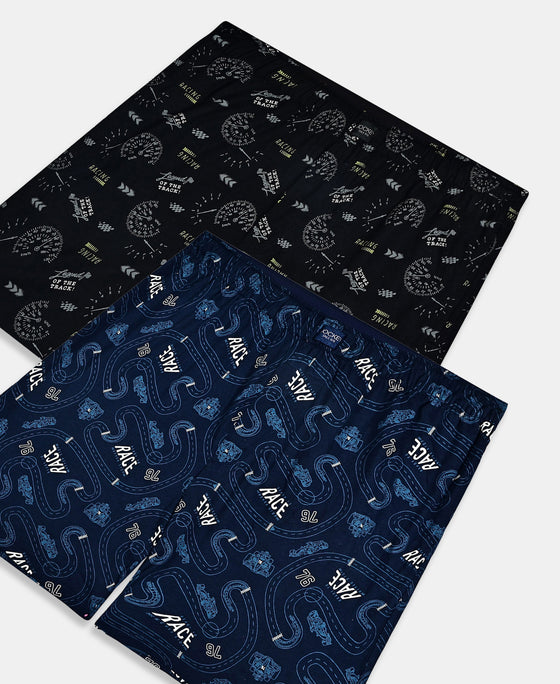 Super Combed Cotton Printed Boxer Shorts with Side Pockets - Black & Navy (Pack of 2)