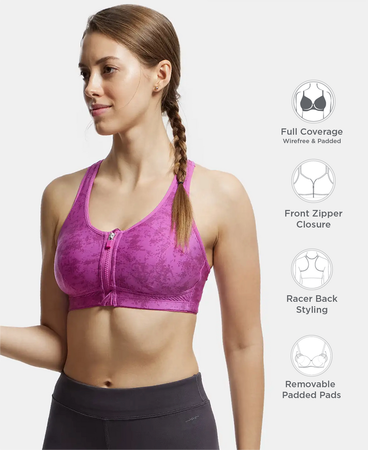 Wirefree Padded Microfiber Elastane Stretch Full Coverage Racerback Sports Bra with Front Zipper Styling - Lavender Scent Assorted Prints