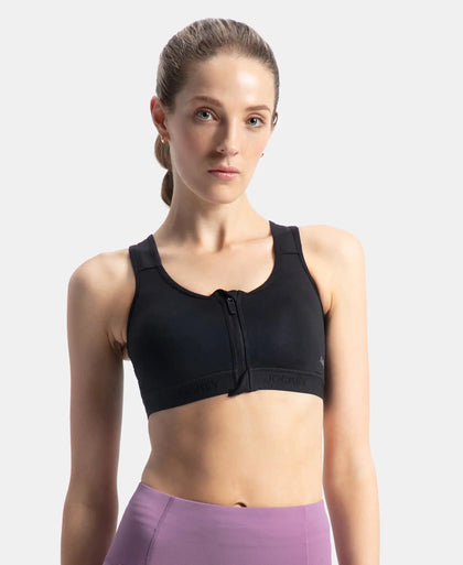 Wirefree Padded Microfiber Elastane Stretch Full Coverage Active Bra with Front Zipper Styling - Black