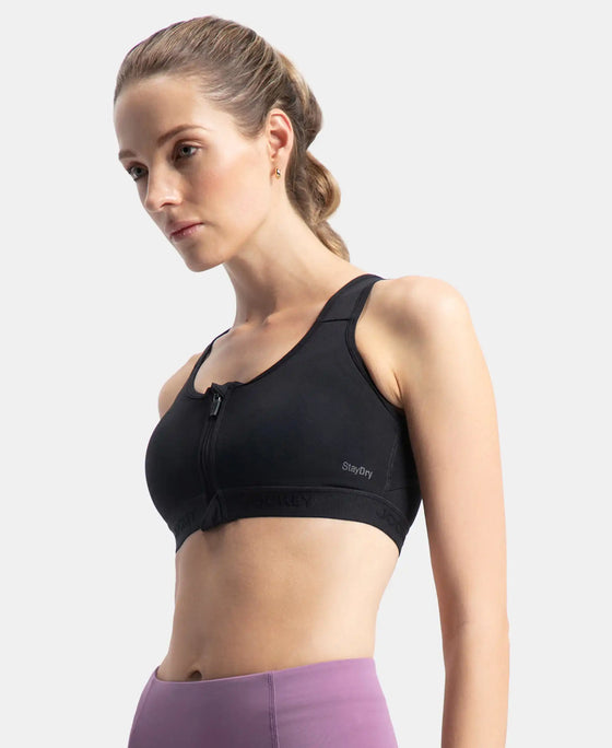Wirefree Padded Microfiber Elastane Stretch Full Coverage Active Bra with Front Zipper Styling - Black