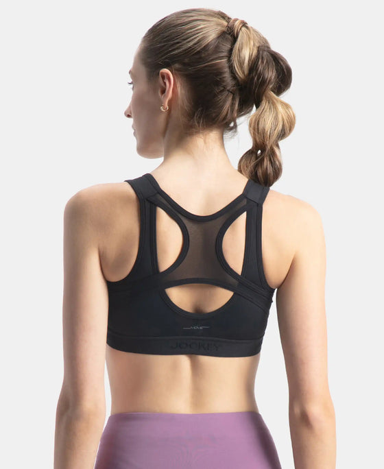 Wirefree Padded Microfiber Elastane Stretch Full Coverage Active Bra with Front Zipper Styling - Black