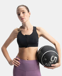 Wirefree Padded Microfiber Elastane Stretch Full Coverage Active Bra with Front Zipper Styling - Black