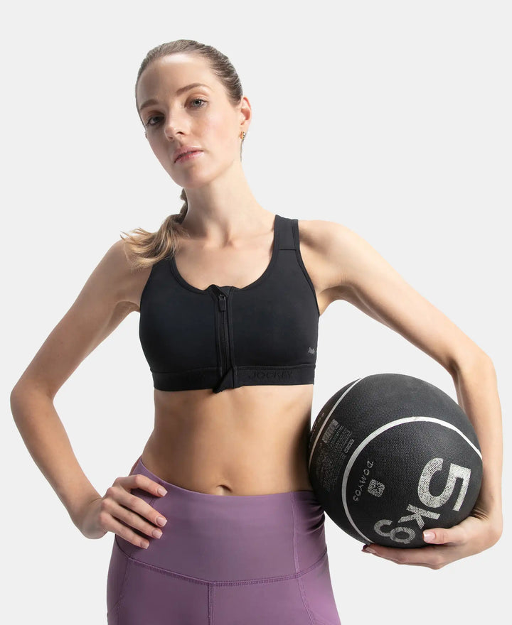Wirefree Padded Microfiber Elastane Stretch Full Coverage Active Bra with Front Zipper Styling - Black