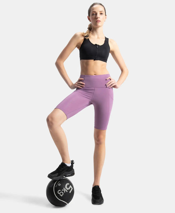 Wirefree Padded Microfiber Elastane Stretch Full Coverage Active Bra with Front Zipper Styling - Black