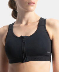 Wirefree Padded Microfiber Elastane Stretch Full Coverage Active Bra with Front Zipper Styling - Black