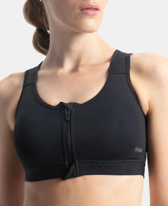Wirefree Padded Microfiber Elastane Stretch Full Coverage Active Bra with Front Zipper Styling - Black