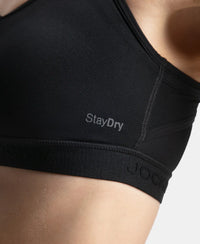 Wirefree Padded Microfiber Elastane Stretch Full Coverage Active Bra with Front Zipper Styling - Black