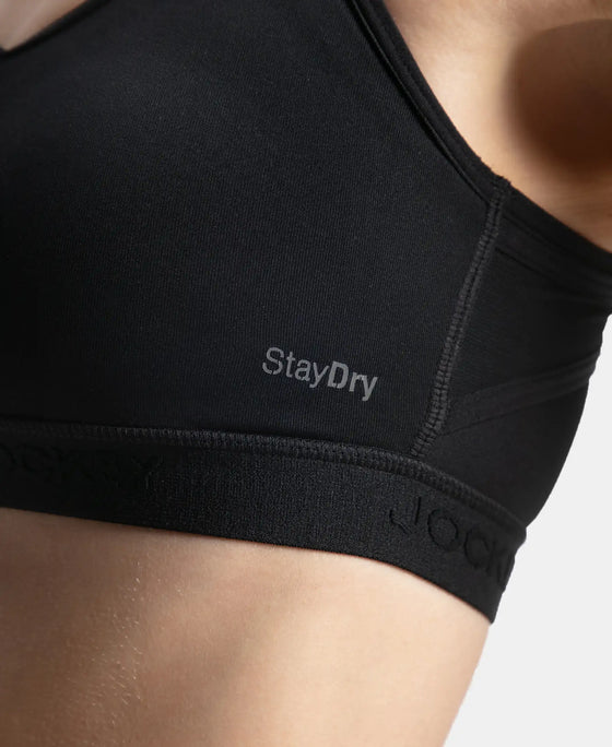 Wirefree Padded Microfiber Elastane Stretch Full Coverage Active Bra with Front Zipper Styling - Black