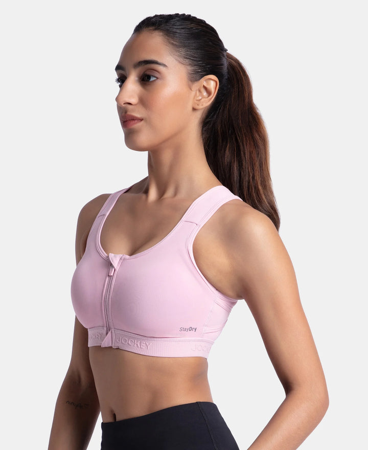 Wirefree Padded Microfiber Elastane Stretch Full Coverage Active Bra with Front Zipper Styling - Bleached Mauve