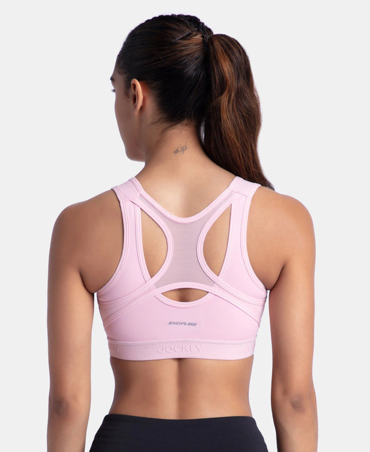 Wirefree Padded Microfiber Elastane Stretch Full Coverage Active Bra with Front Zipper Styling - Bleached Mauve