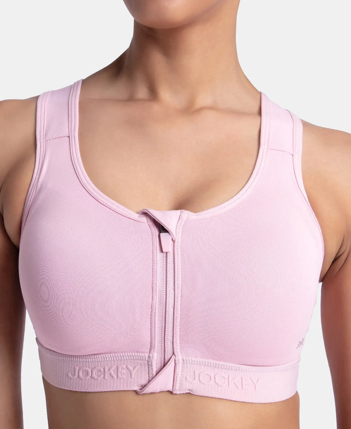 Wirefree Padded Microfiber Elastane Stretch Full Coverage Active Bra with Front Zipper Styling - Bleached Mauve