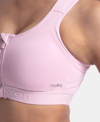 Wirefree Padded Microfiber Elastane Stretch Full Coverage Active Bra with Front Zipper Styling - Bleached Mauve