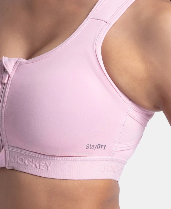 Wirefree Padded Microfiber Elastane Stretch Full Coverage Active Bra with Front Zipper Styling - Bleached Mauve