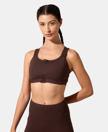 Wirefree Padded Microfiber Elastane Stretch Full Coverage Active Bra with Front Zipper Styling - Coffee