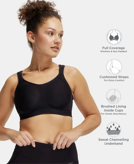 Wirefree Non Padded Plus Size Microfiber Elastane Stretch Full Coverage Sports Bra with StayDry Treatment - Black