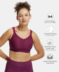 Wirefree Non Padded Plus Size Microfiber Elastane Stretch Full Coverage Sports Bra with StayDry Treatment - Grape Wine