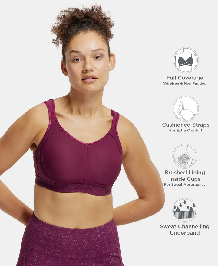 Wirefree Non Padded Plus Size Microfiber Elastane Stretch Full Coverage Sports Bra with StayDry Treatment - Grape Wine