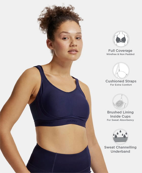 Wirefree Non Padded Microfiber Elastane Stretch Full Coverage Sports Bra with StayDry Treatment - Peacoat