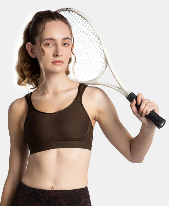 Wirefree Non Padded Plus Size Microfiber Elastane Stretch Full Coverage Sports Bra with StayDry Treatment - Coffee