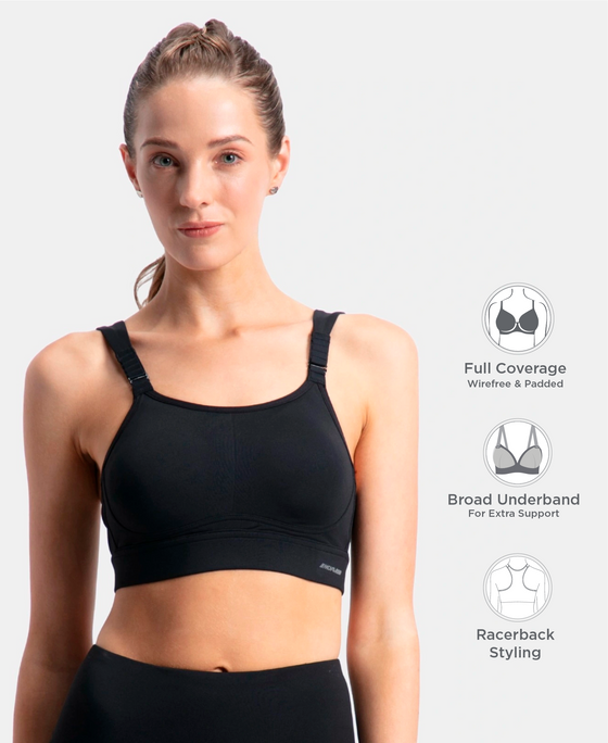 Wirefree Padded Soft Touch Microfiber Elastane Stretch Full Coverage Racerback Sports Bra with StayDry Treatment - Black
