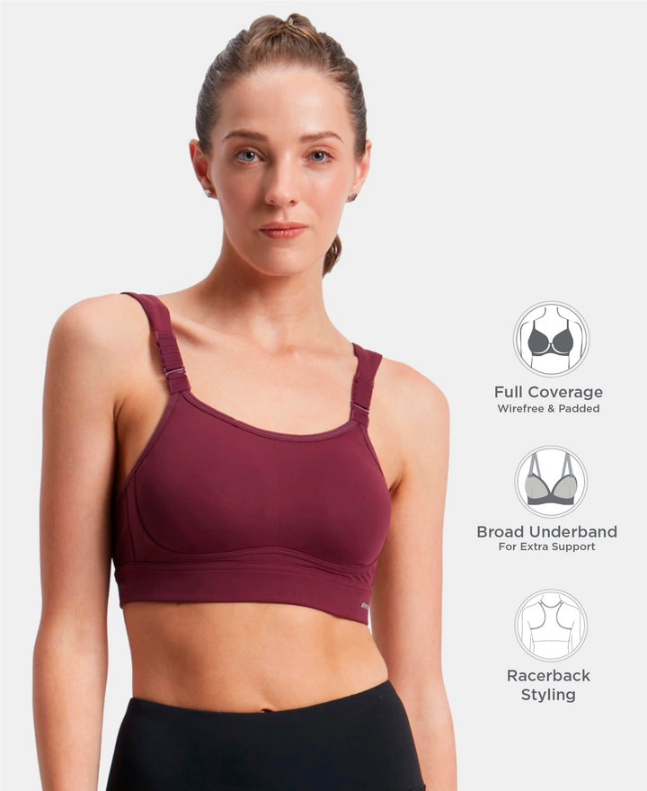 Wirefree Padded Soft Touch Microfiber Elastane Stretch Full Coverage Racerback Sports Bra with StayDry Treatment - Grape Wine