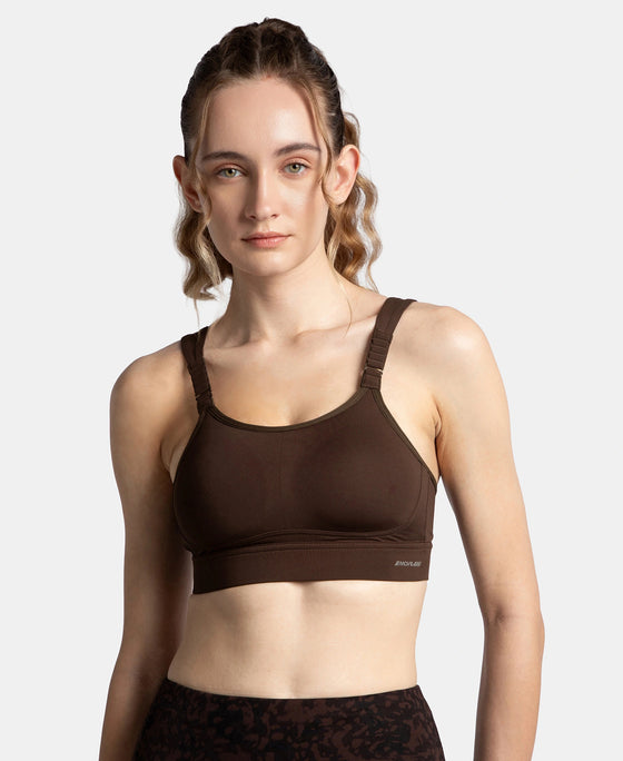 Wirefree Padded Soft Touch Microfiber Elastane Stretch Full Coverage Racerback Sports Bra with StayDry Treatment - Coffee