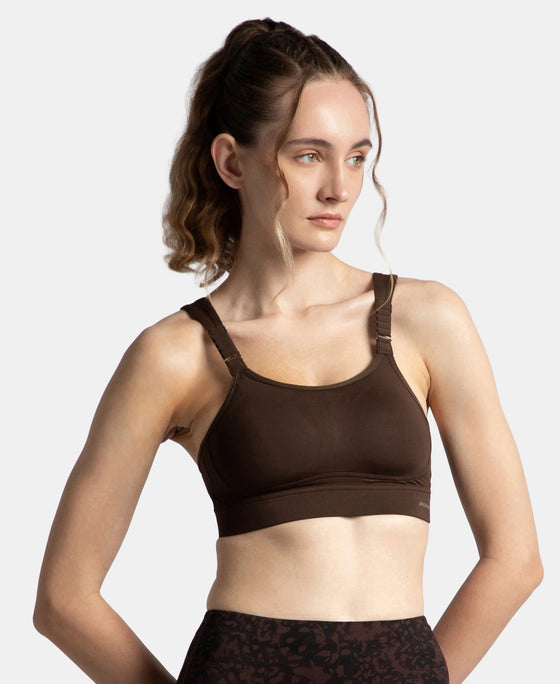 Wirefree Padded Soft Touch Microfiber Elastane Stretch Full Coverage Racerback Sports Bra with StayDry Treatment - Coffee