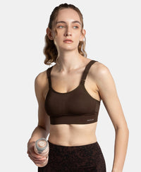 Wirefree Padded Soft Touch Microfiber Elastane Stretch Full Coverage Racerback Sports Bra with StayDry Treatment - Coffee