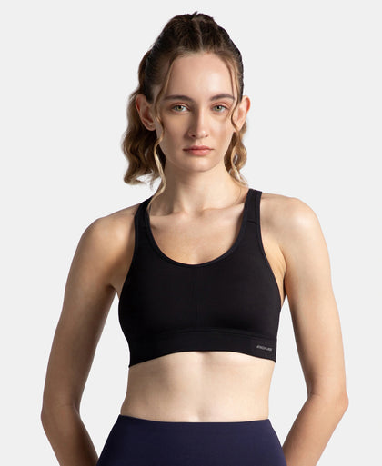 Wirefree Padded Soft Touch Microfiber Elastane Stretch Full Coverage Sports Bra with Broad Underband - Black